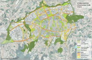 Plano Infraestructura verde urbana de Vitoria-Gasteiz (Capital verde europea 2012). Representación del sistema de infraestructura verde urbana en clave de red o sistema interconectado: espacios núcleo, espacios nodo a través de conectores. Fuente: La infraestructura verde urbana de Vitoria-Gasteiz. Documento propuesta