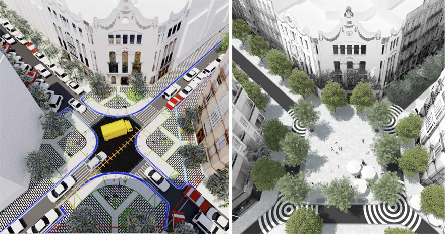 Aprovechamiento del cruce en ambas propuestas: Izda. Proyecto Municipal. Drcha. PAM. Fuente EFGarquitectura