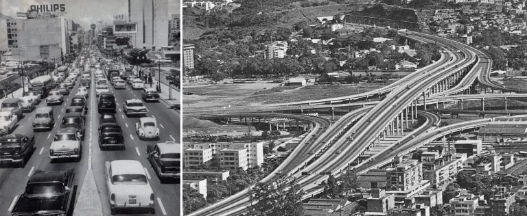Caracas 1950. Izda. El aluvión del auto en la ciudad / Dcha. Distribuidor “el pulpo” de la autopista Francisco Fajardo.