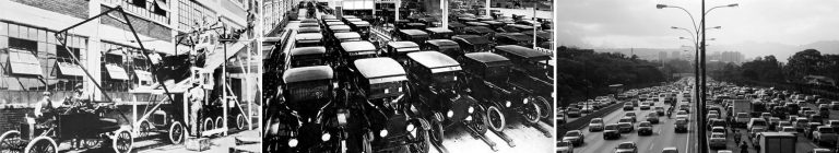 Serie retrospectiva 1913-2005. De izda. a dcha: Línea de montaje de Ford (1913) fuente wikipedia; Producción max. alcanzada de la serie modelo A Ford (1927) fuente web, autor desconocido; Autopista del Este, Caracas (2005) fuente web, autor desconocido.